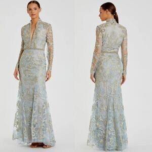 Mac Duggal Long Formal Dress 11165 Long Sleeve Applique V-Neck Gown Blue Gold 2